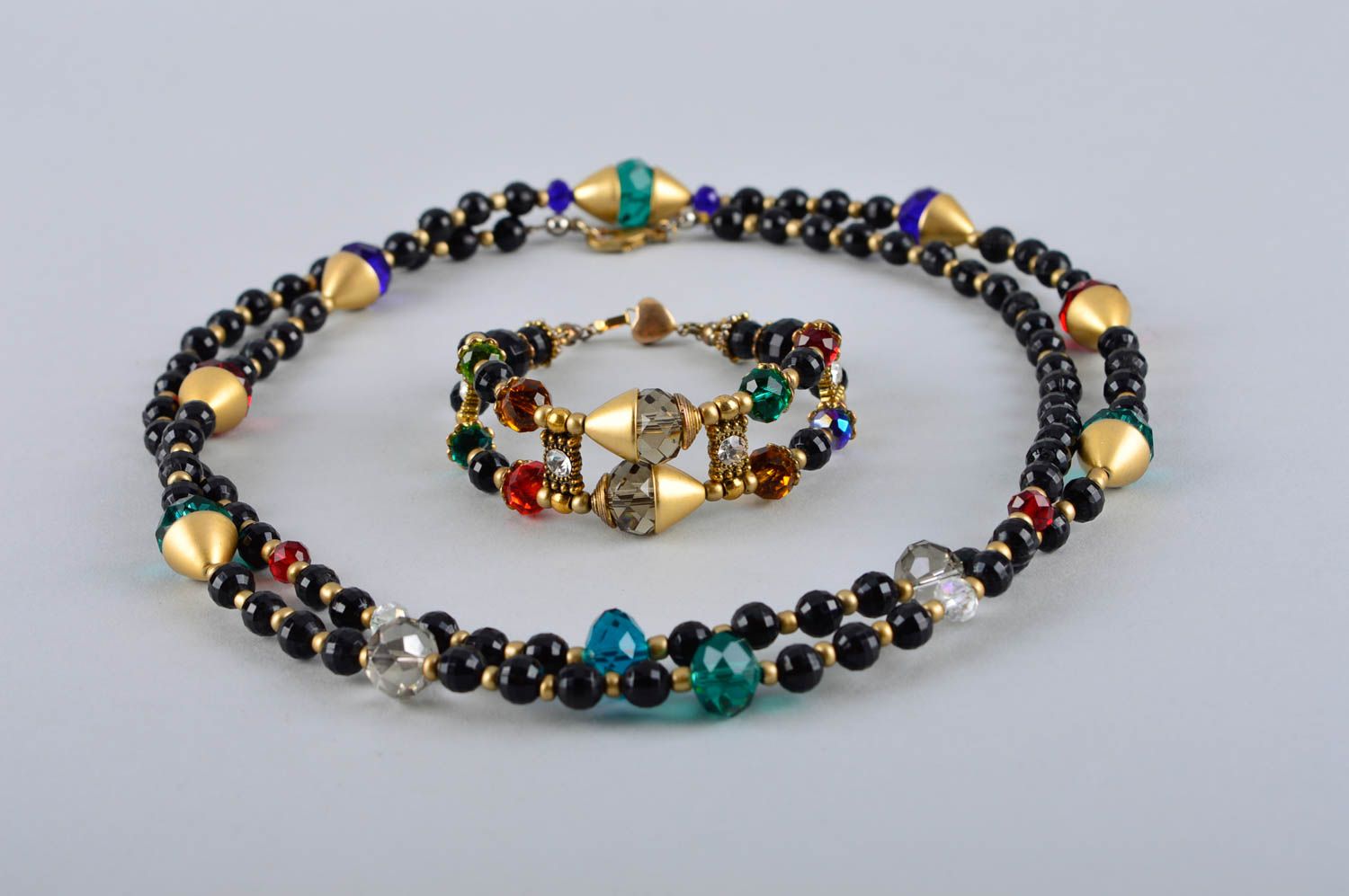 Parure collier bracelet Bijoux faits main noirs cristaux strass Cadeau femme photo 2