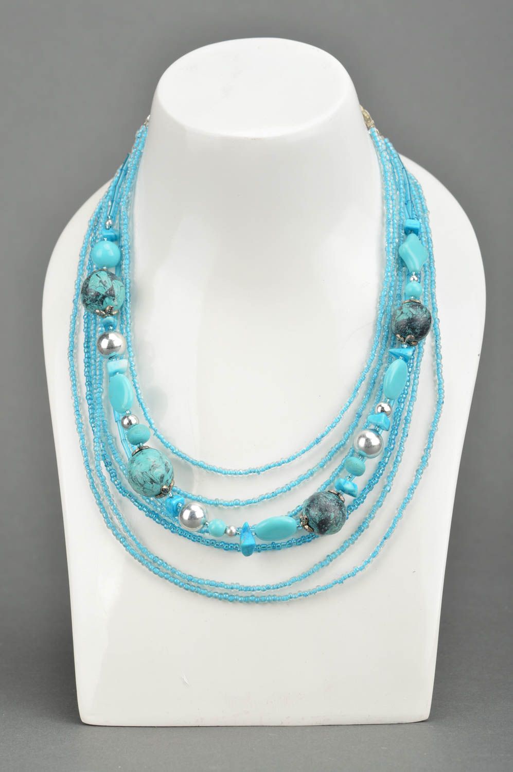 Long elegant multi-row necklace with blue beads handmade summer accessory photo 1