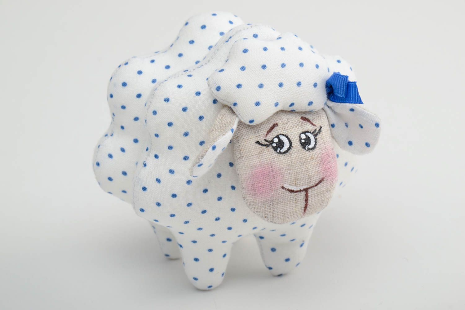 Handmade small white and blue polka dot linen and cotton fabric soft toy lamb photo 2