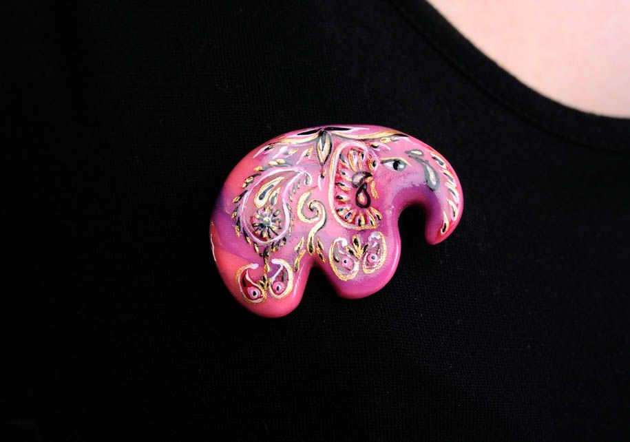 Brooch Made of Polymer Clay Indian Elephant photo 3