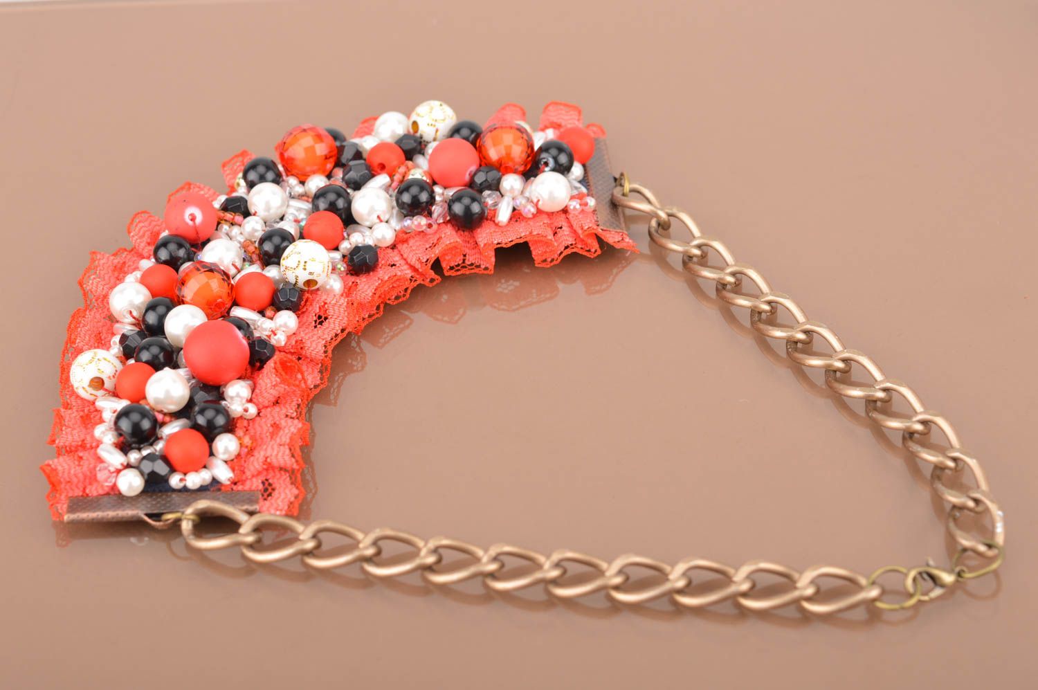 Designer beautiful massive necklace on chain made of metal with beads and lace photo 4