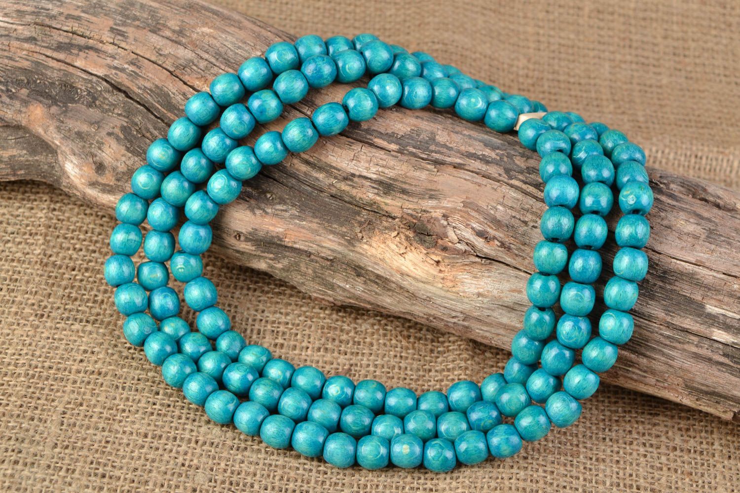 Handmade wooden bead necklace in three rows Turquoise photo 1