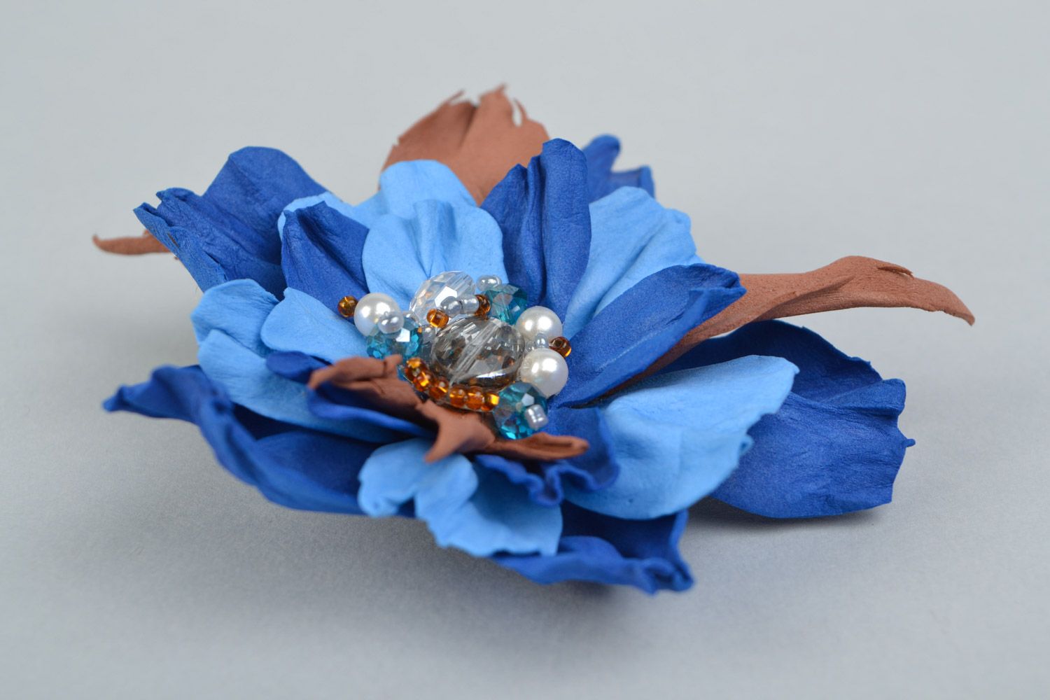 Handmade magnificent blue and brown foamiran flower brooch hair clip transformer photo 5