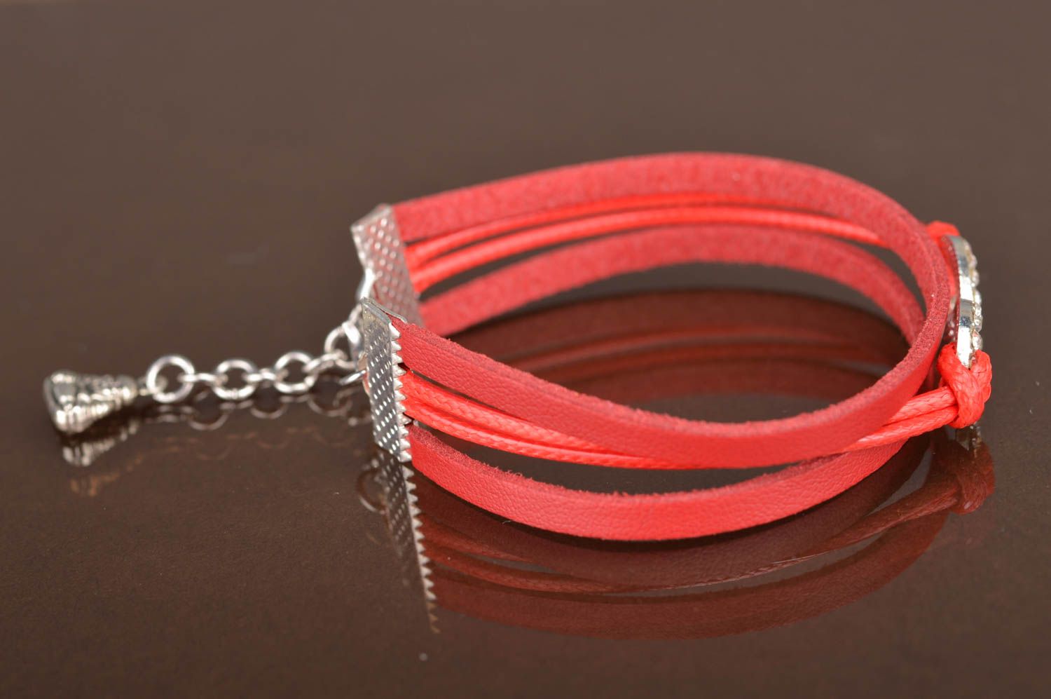 Handmade designer red thin genuine leather bracelet with infinity sign insert photo 4