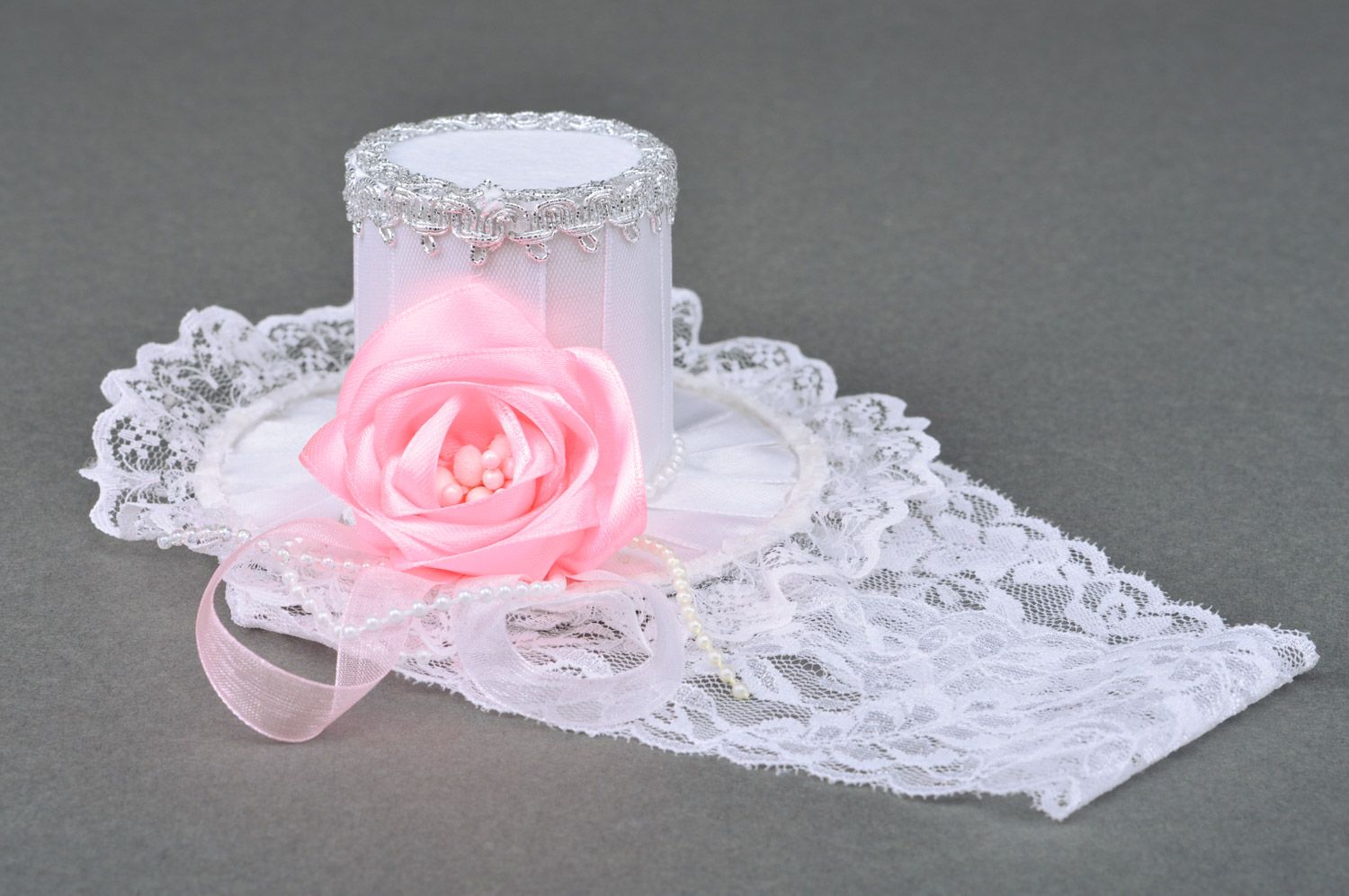 Handmade white lacy headband with beautiful top hat with pink rose  photo 4