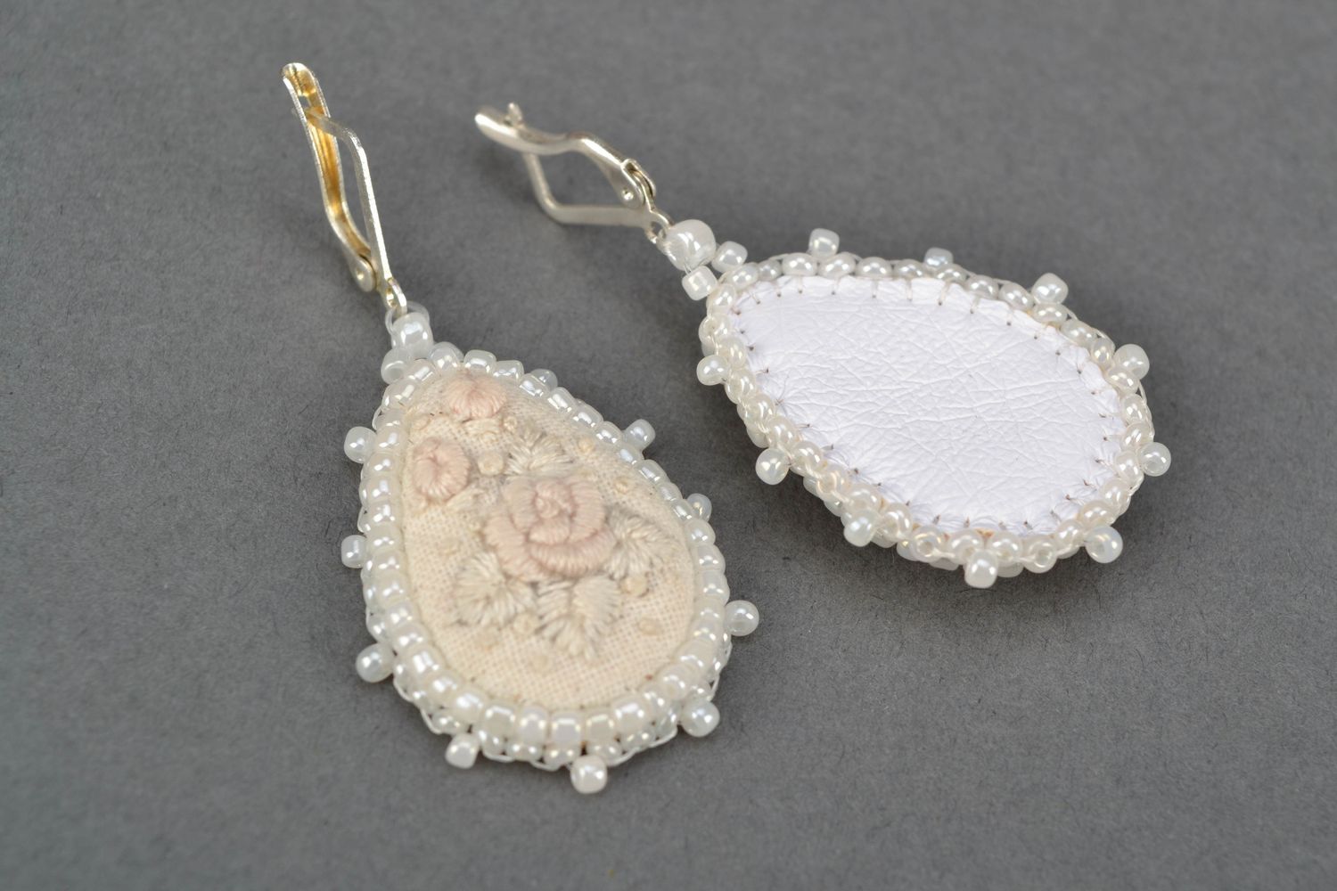 Satin stitch embroidered earrings with beads White Drops photo 3