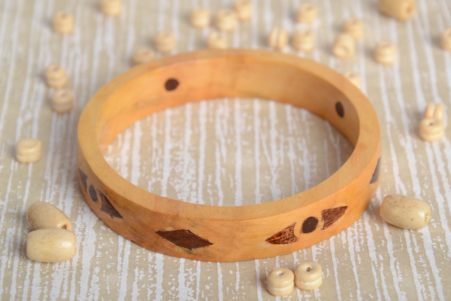 Thin light handmade varnished wooden wrist bracelet with inlay for women photo 2