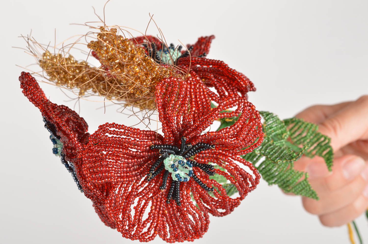 Decorative flowers made of beads Wild bouquet 3 poppies and 2 spikelets photo 3