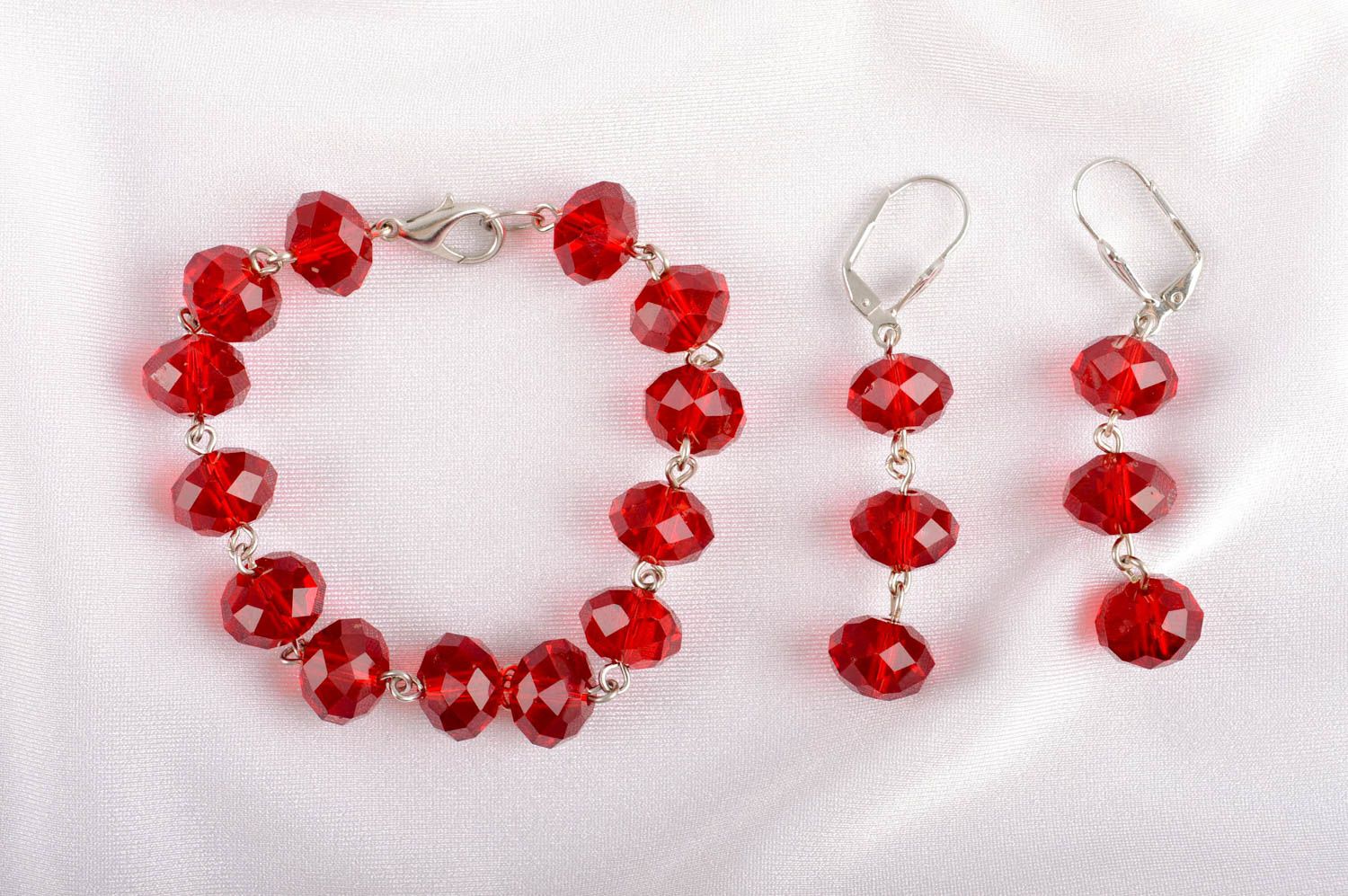 Handmade unusual jewelry stylish red set designer bracelet dangling earrings photo 1