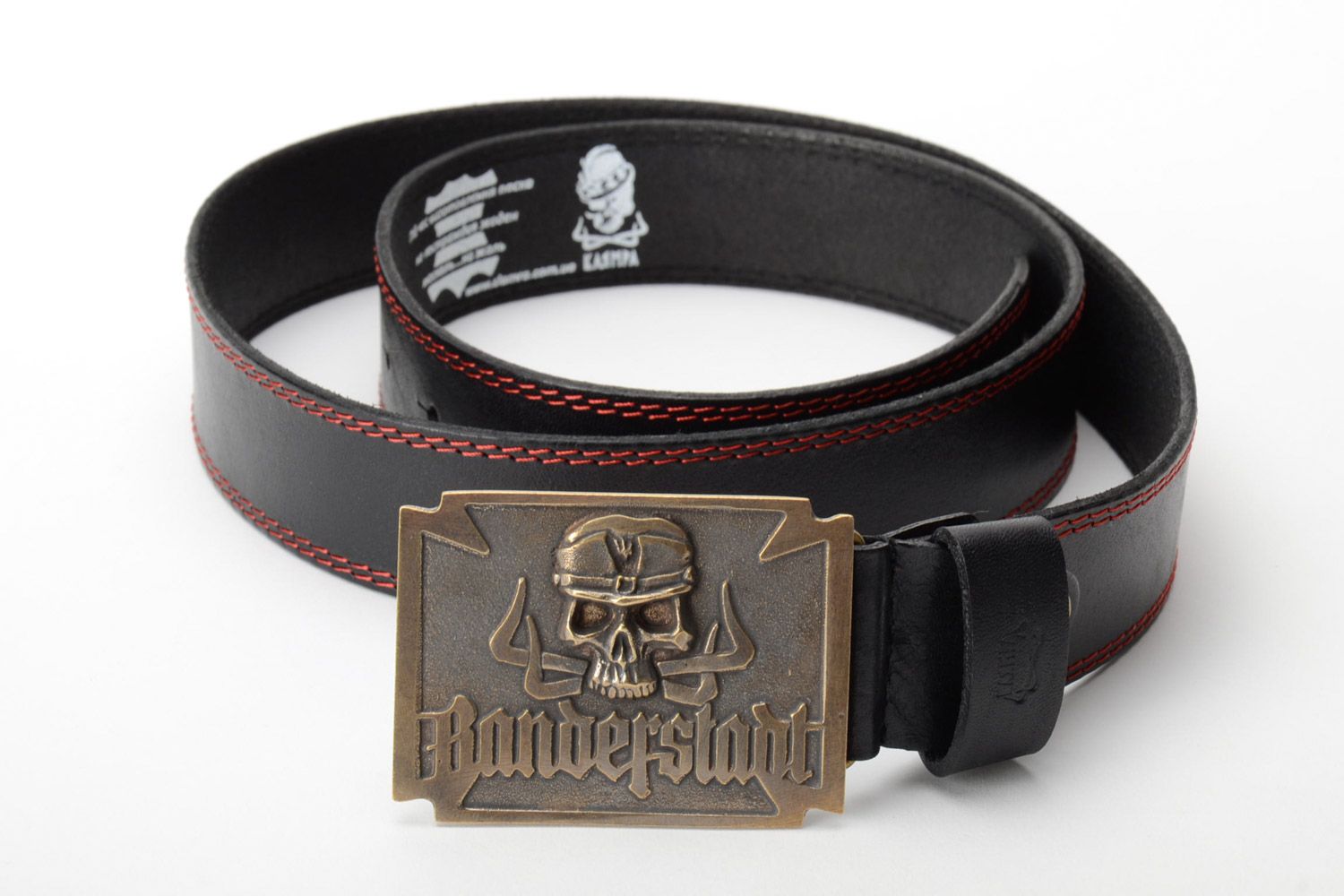 Homemade genuine leather belt with metal buckle and embossment in the shape of skull photo 2