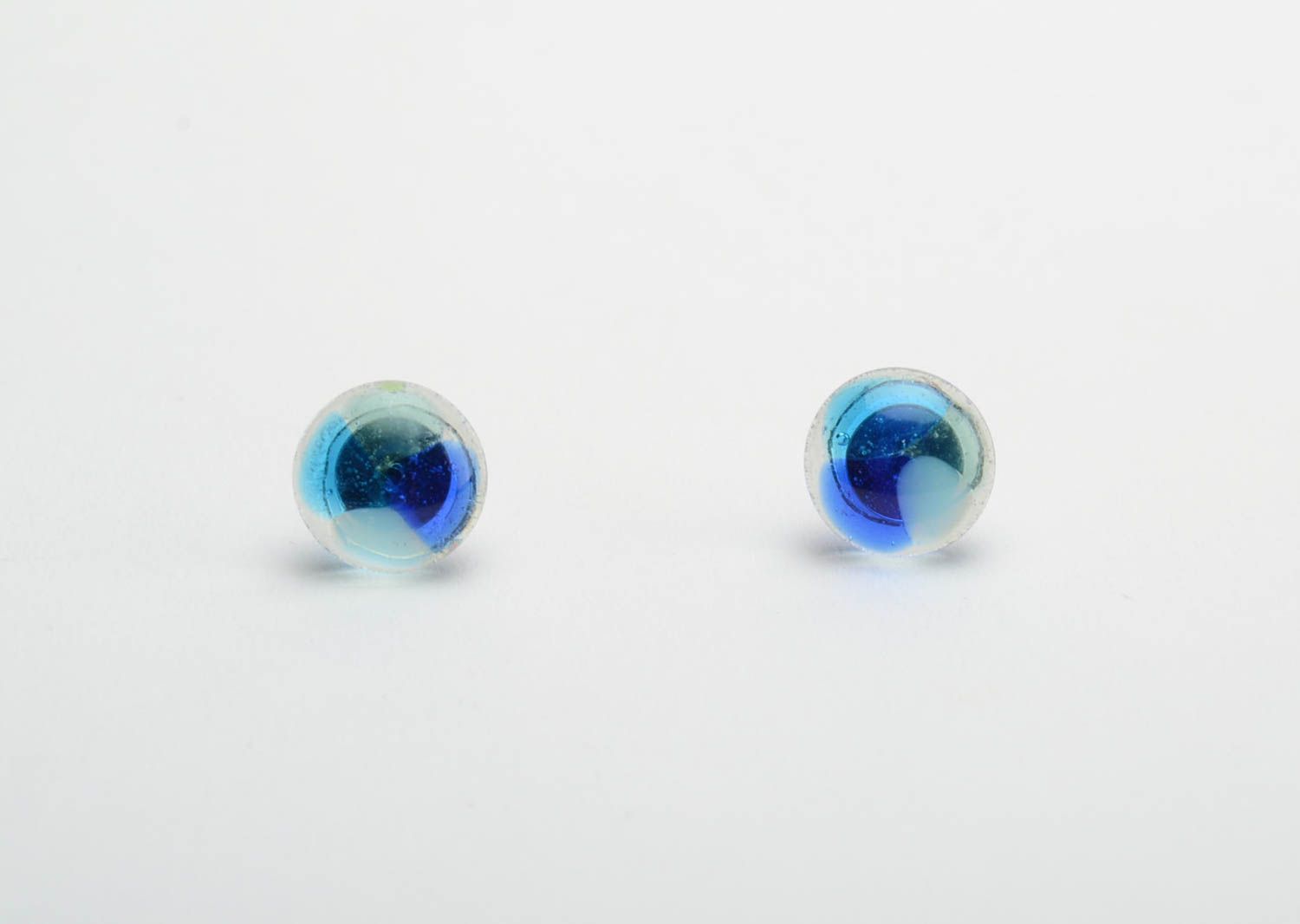 Small glass stud earrings fusing technique with blue tint handmade accessory photo 5