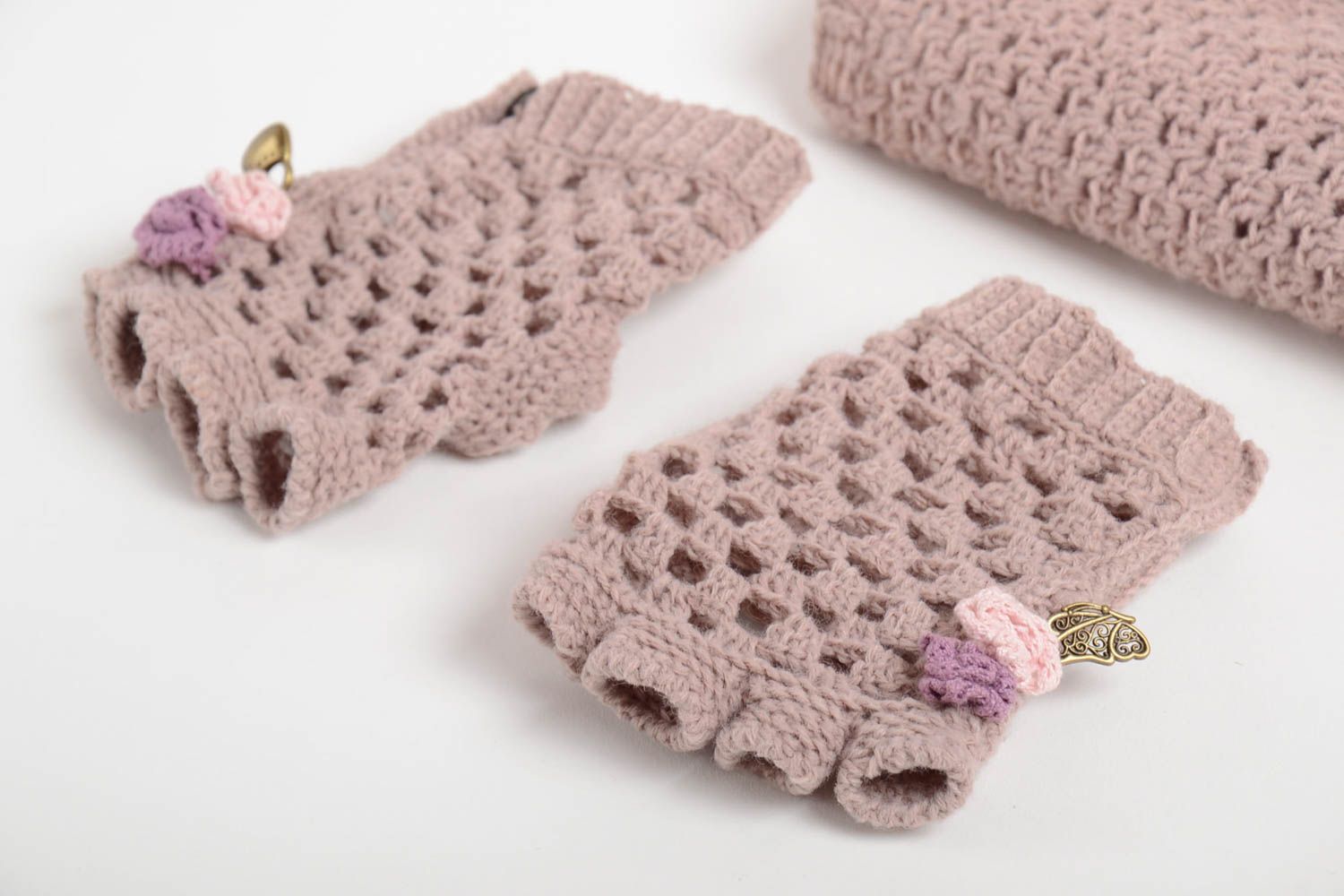 Beautiful handmade crochet mittens arm warmers winter outfit accessories for her photo 3