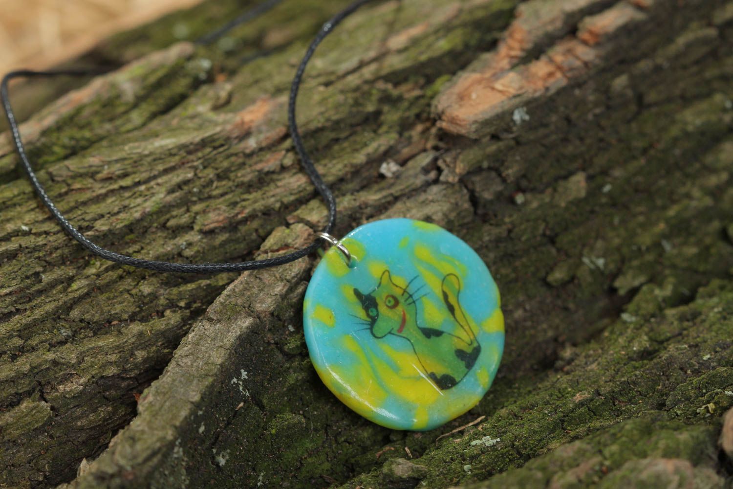 Handmade polymer clay pendant round yellow with blue cord with Cat print photo 1