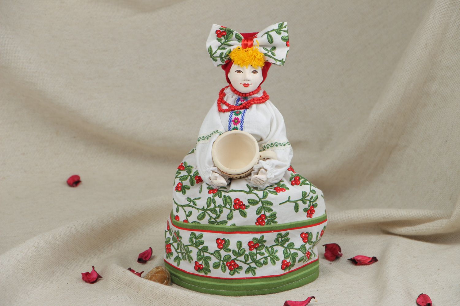 Handmade teapot cozy in the shape of a doll with ceramic face in Ukrainian style photo 5