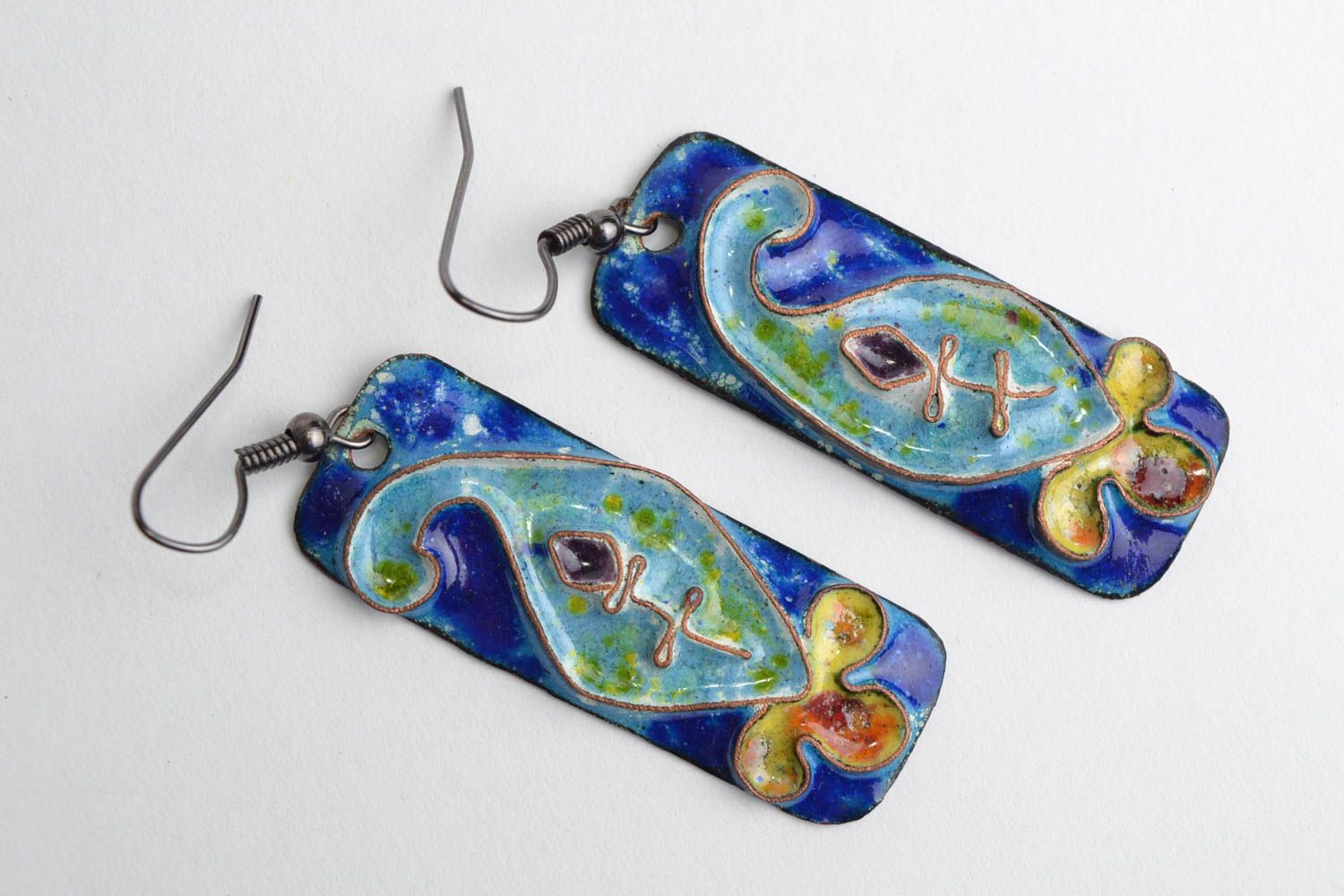 Blaue Ohrringe aus Kupfer handmade mit Emaillen quaderförmig schön für Frauen foto 1