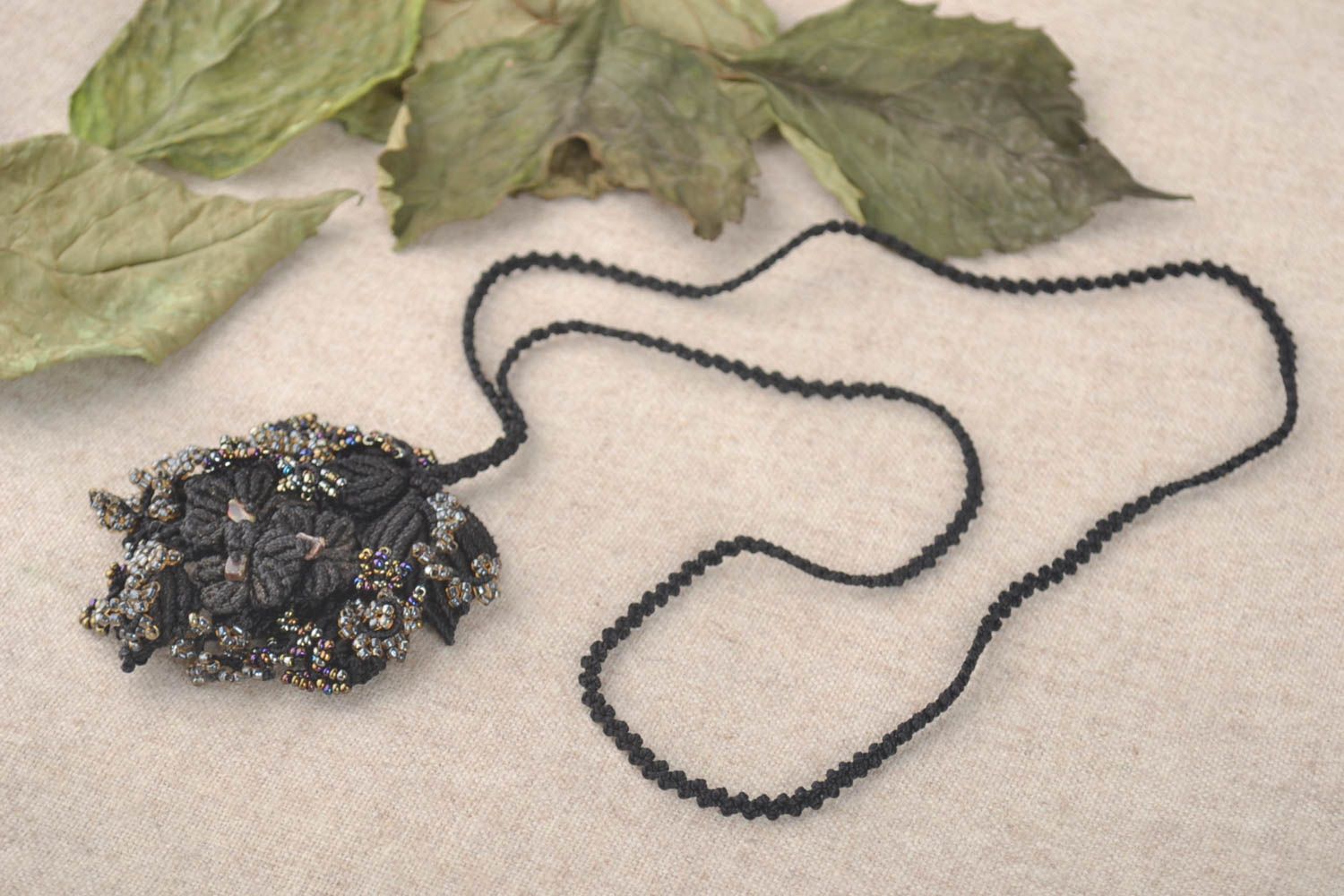 Handmade bijouterie pendant unique macrame necklace textile accessories for girl photo 1