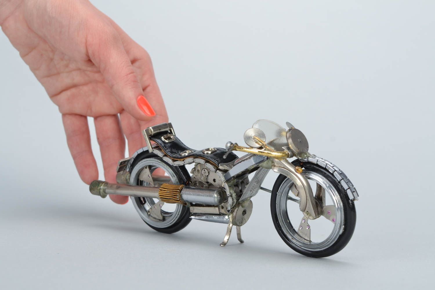 Handmade miniature metal steampunk motorcycle figurine created of clock details photo 2