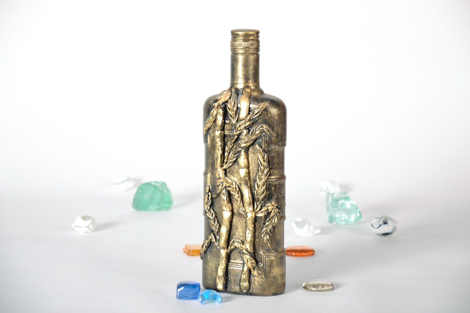 Glass bottle decorated with salt dough photo 1