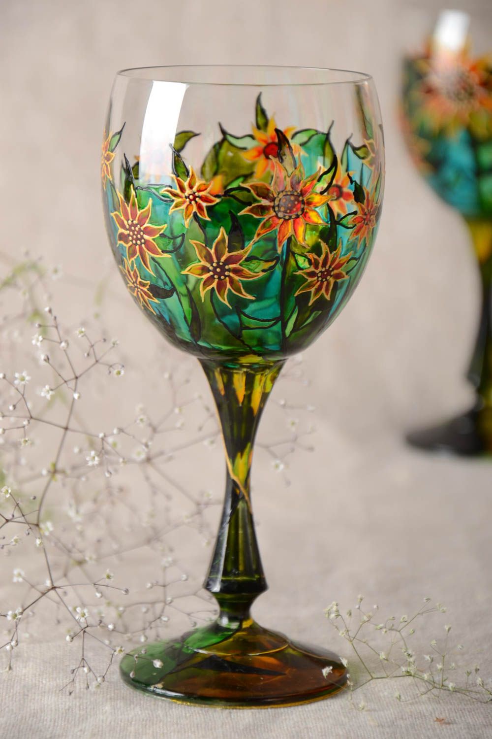 Verre à pied en verre peint à motif floral fait main 30 cl original Solaire photo 1