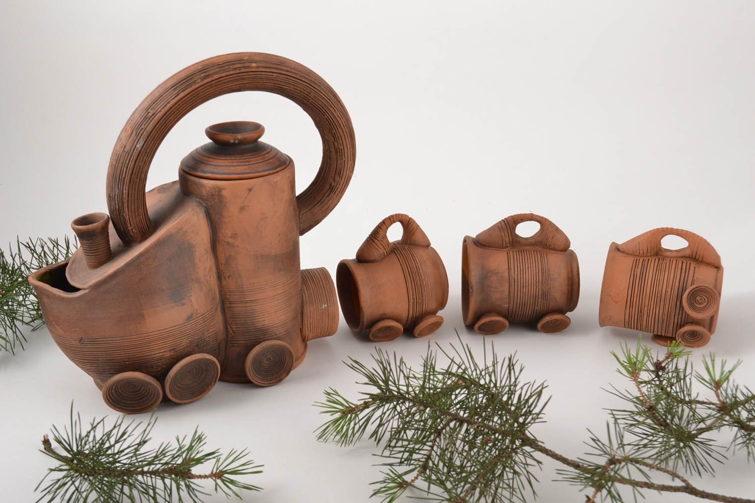 Tetera y tres tazas de cerámica artesanales vajilla original menaje de cocina foto 1