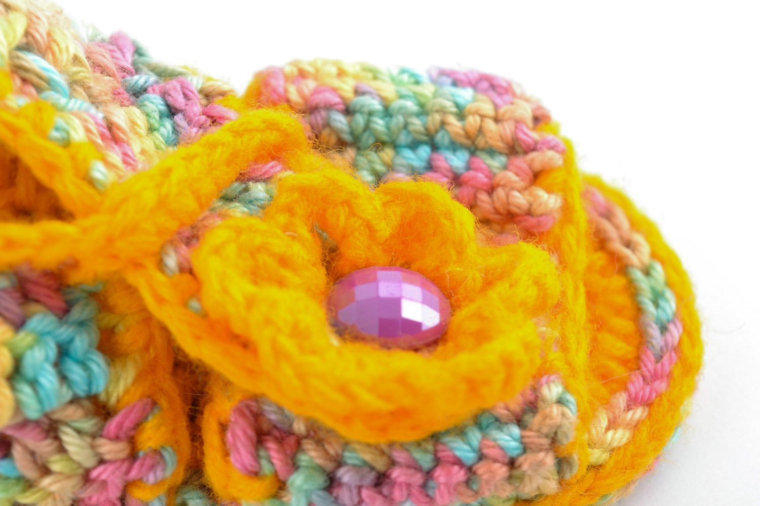 Multi-colored handmade knitted baby booties sandals with yellow flower photo 3