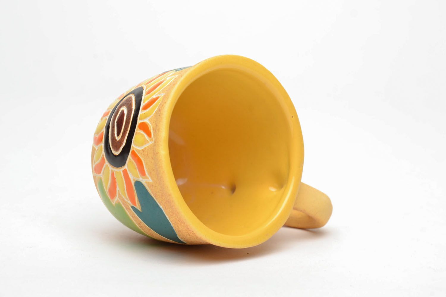 Yellow color clay small 3 oz coffee cup with handle and floral sunflower pattern photo 4
