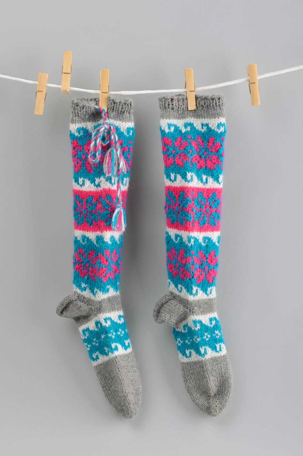 Handmade woolen warm socks cute winter accessory unusual knitted socks photo 1