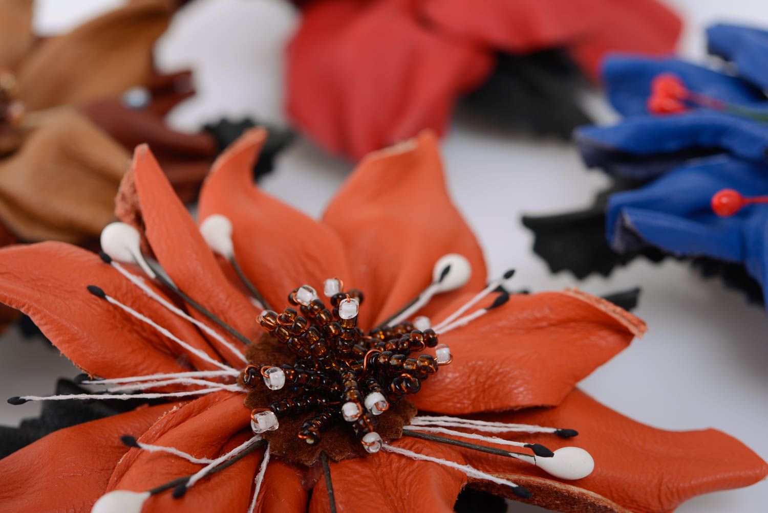 Beautiful handmade large leather flower brooch hair clip with beads photo 4