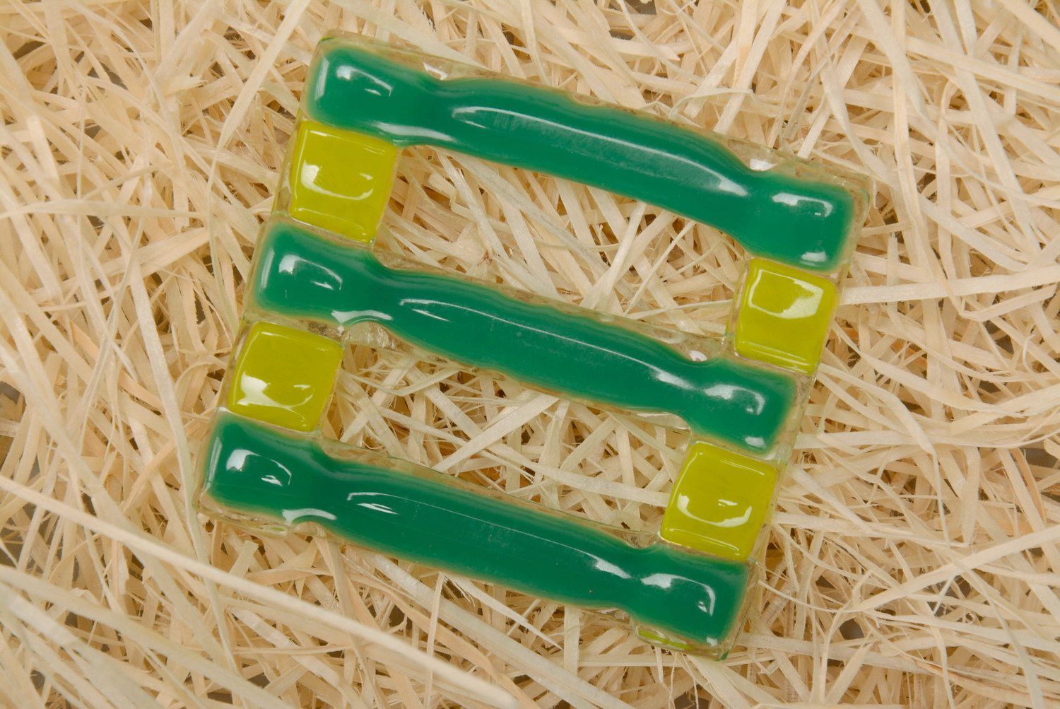 Fusing glass scarf clip Green-yellow photo 5