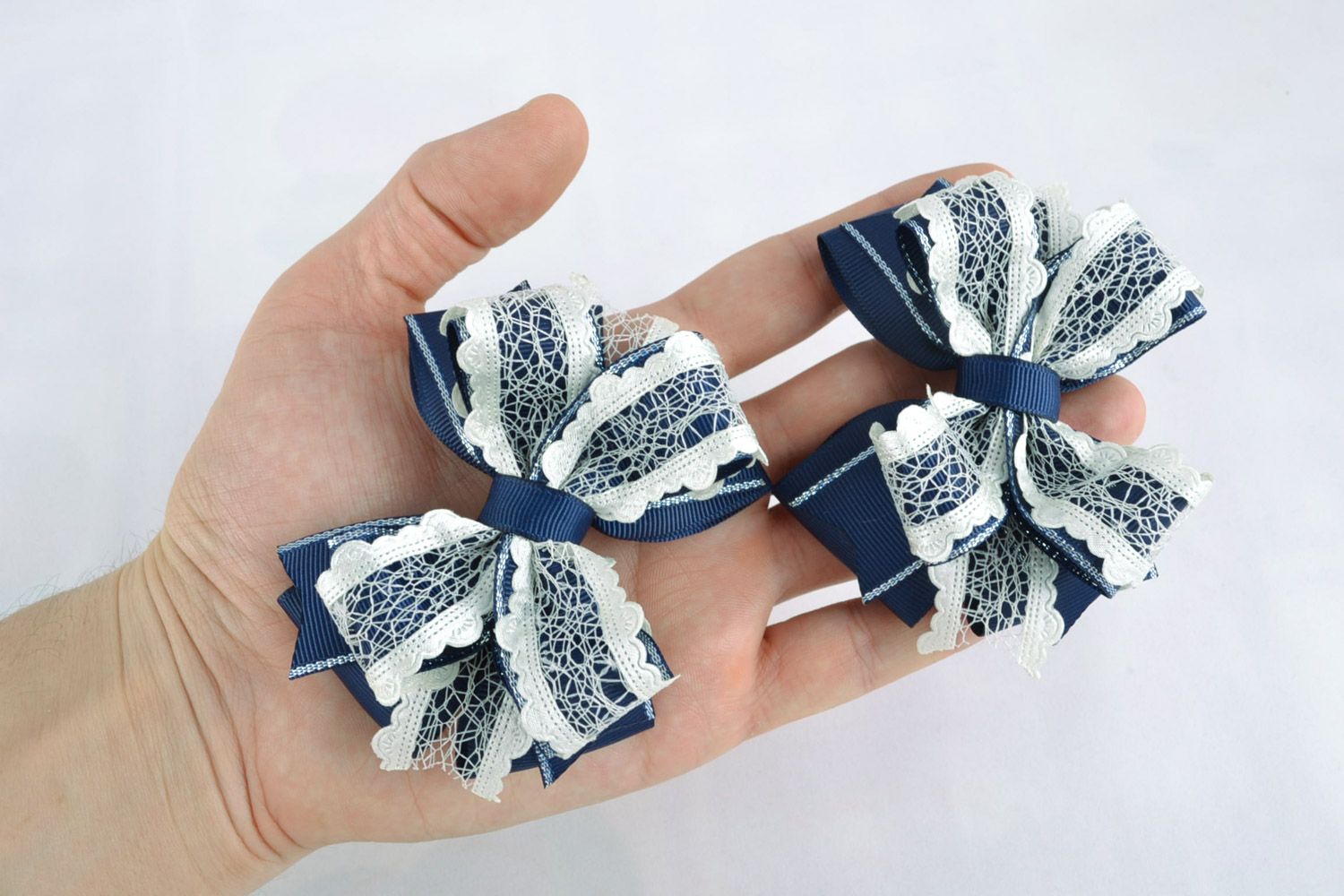 Set of blue handmade hair bows 2 pieces textile hair clips photo 2
