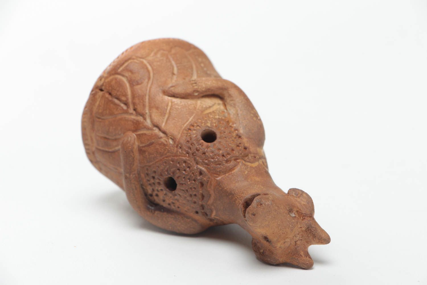 Handmade decorative cute brown ceramic ocarina in the shape of small goat photo 4