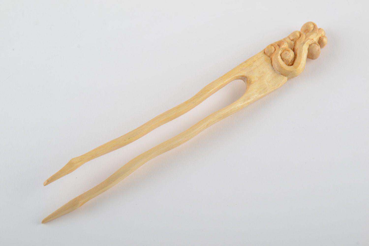 Light carved wooden hair pin with laconic design in ethnic style handmade photo 2