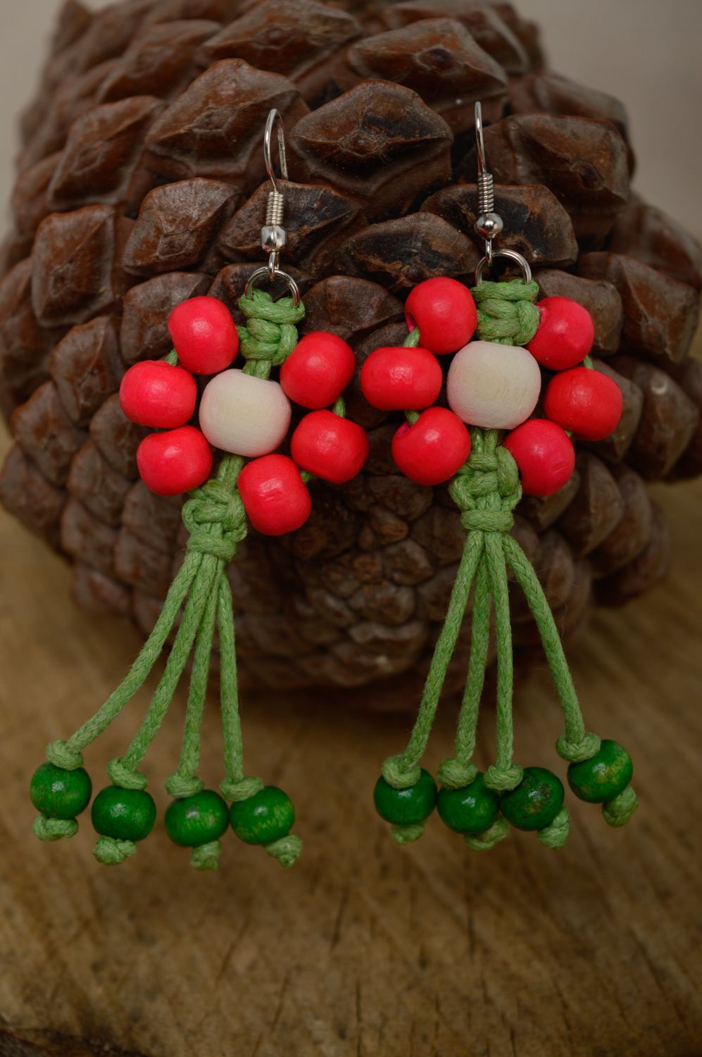 Macrame floral earrings woven of waxed cord and wooden beads photo 2