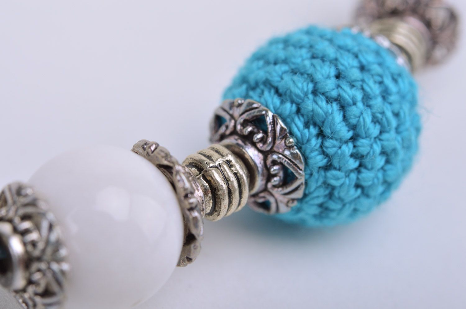 Handmade designer women's white and blue necklace with crochet over beads photo 4