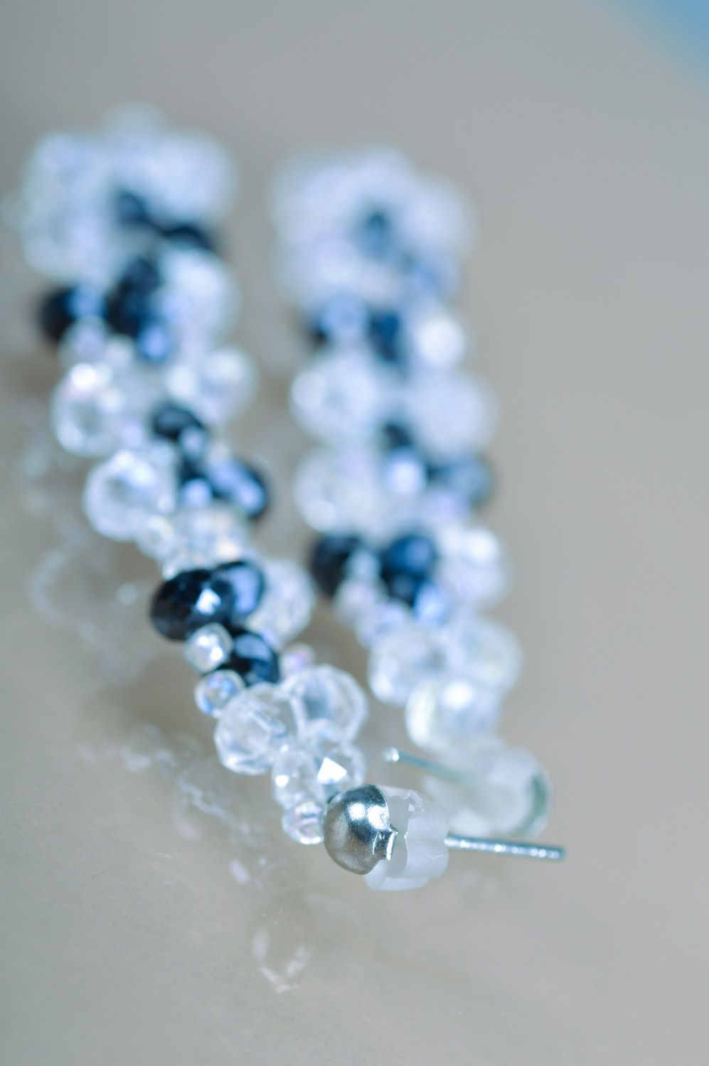 Beautiful evening handmade long crystal bead earrings of black and white colors photo 4