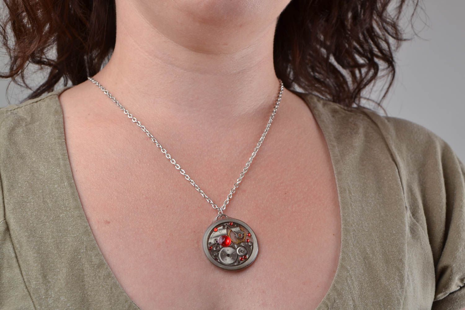 Handmade designer round steampunk pendant with rhinestones on metal chain photo 1