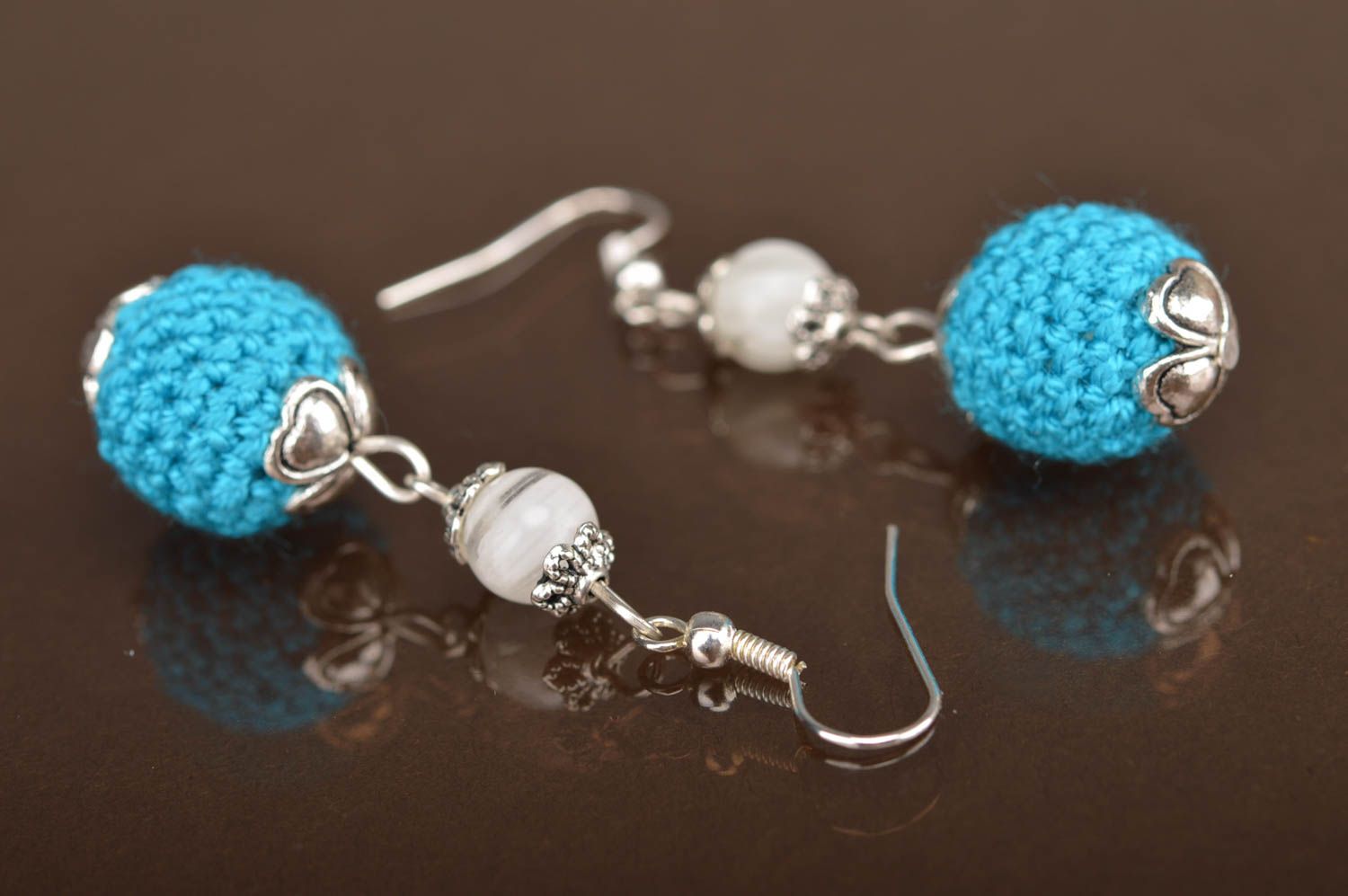 Unusual beautiful blue handmade designer ball earrings crochet over with threads photo 5
