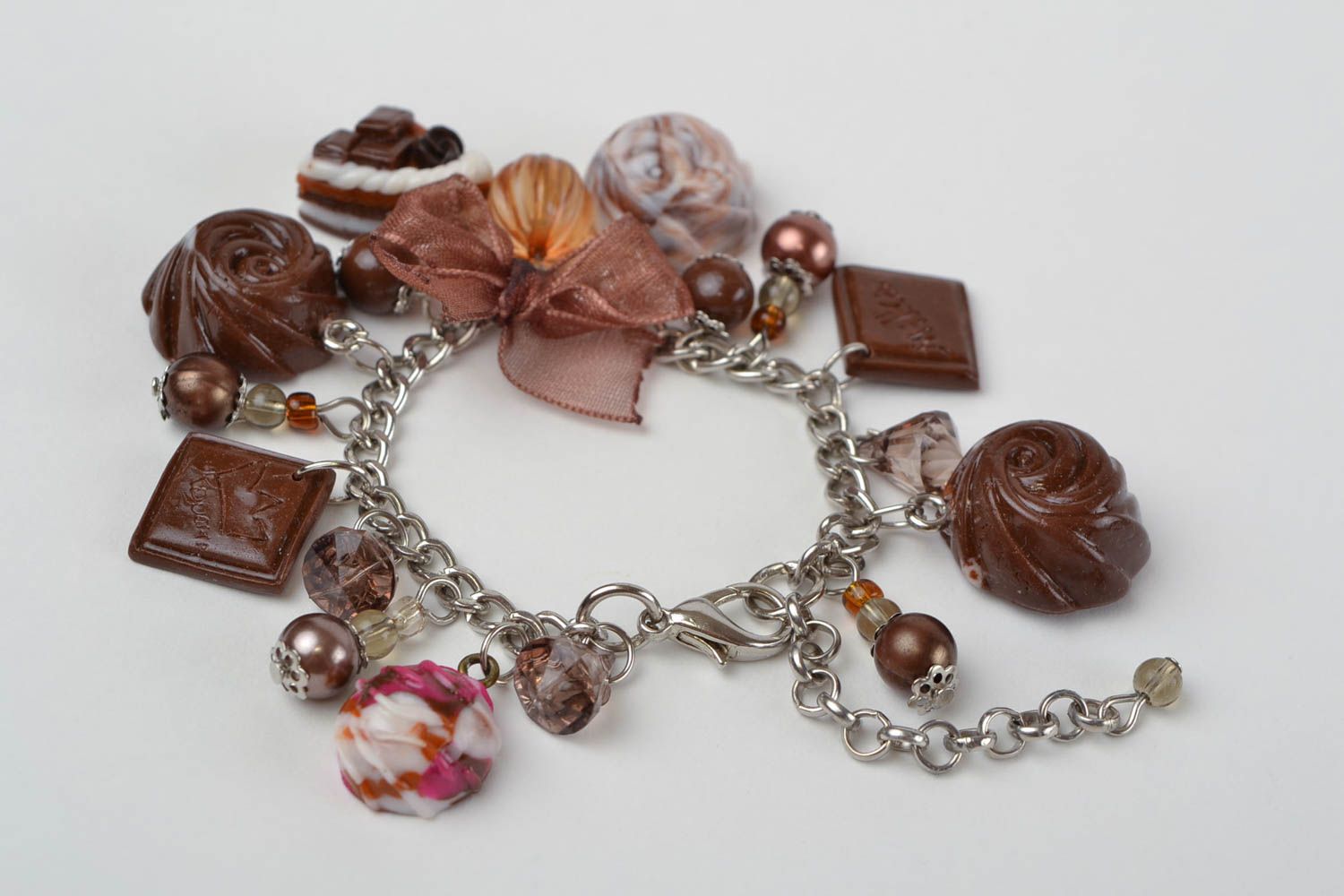 Beautiful handmade designer metal bracelet with polymer clay charms Sweets photo 6