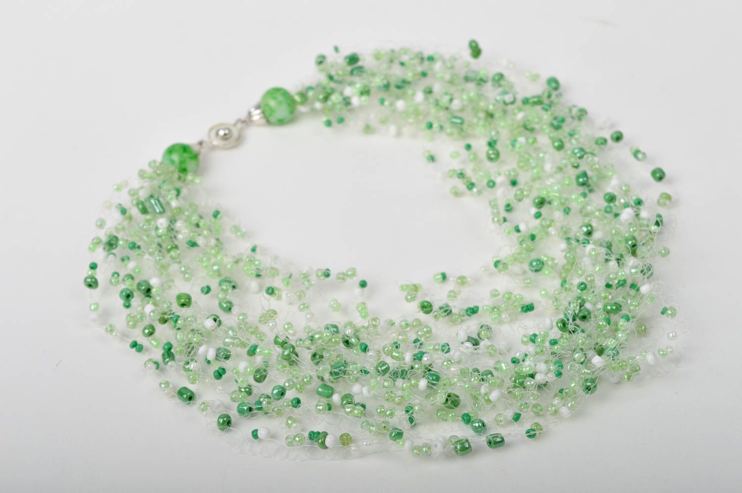 Handmade beaded necklace airy necklace white beaded necklace green necklace  photo 3