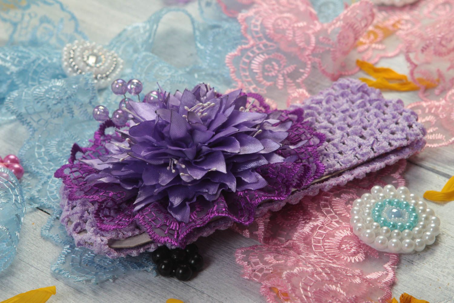 Handmade Mädchen Haarschmuck Haarband mit Blume Accessoire für Haare lila foto 1