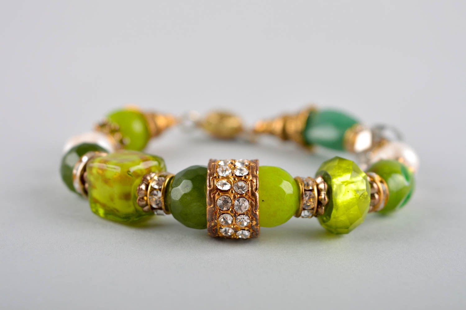 Bracelet vert Bijou fait main agate perles cristaux strass Cadeau femme photo 3