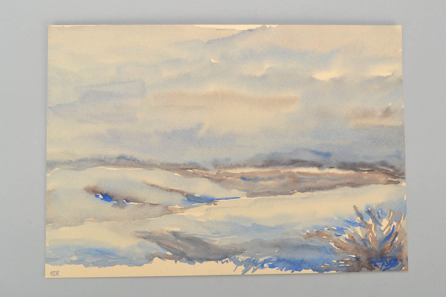 Пейзаж акварелью Зима в поле фото 2