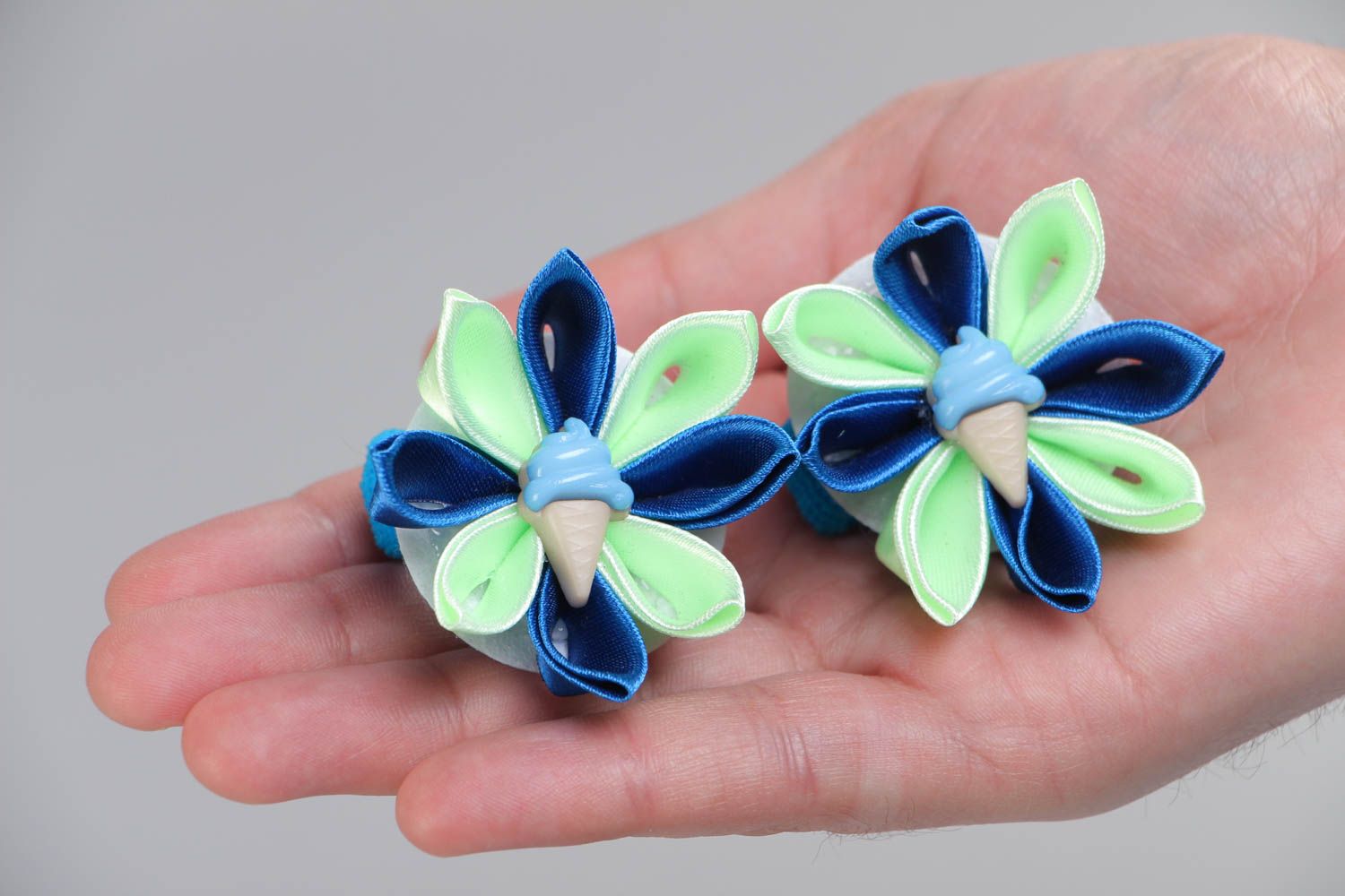 Set of 2 handmade hair ties with ribbon kanzashi flowers in blue color palettes photo 4