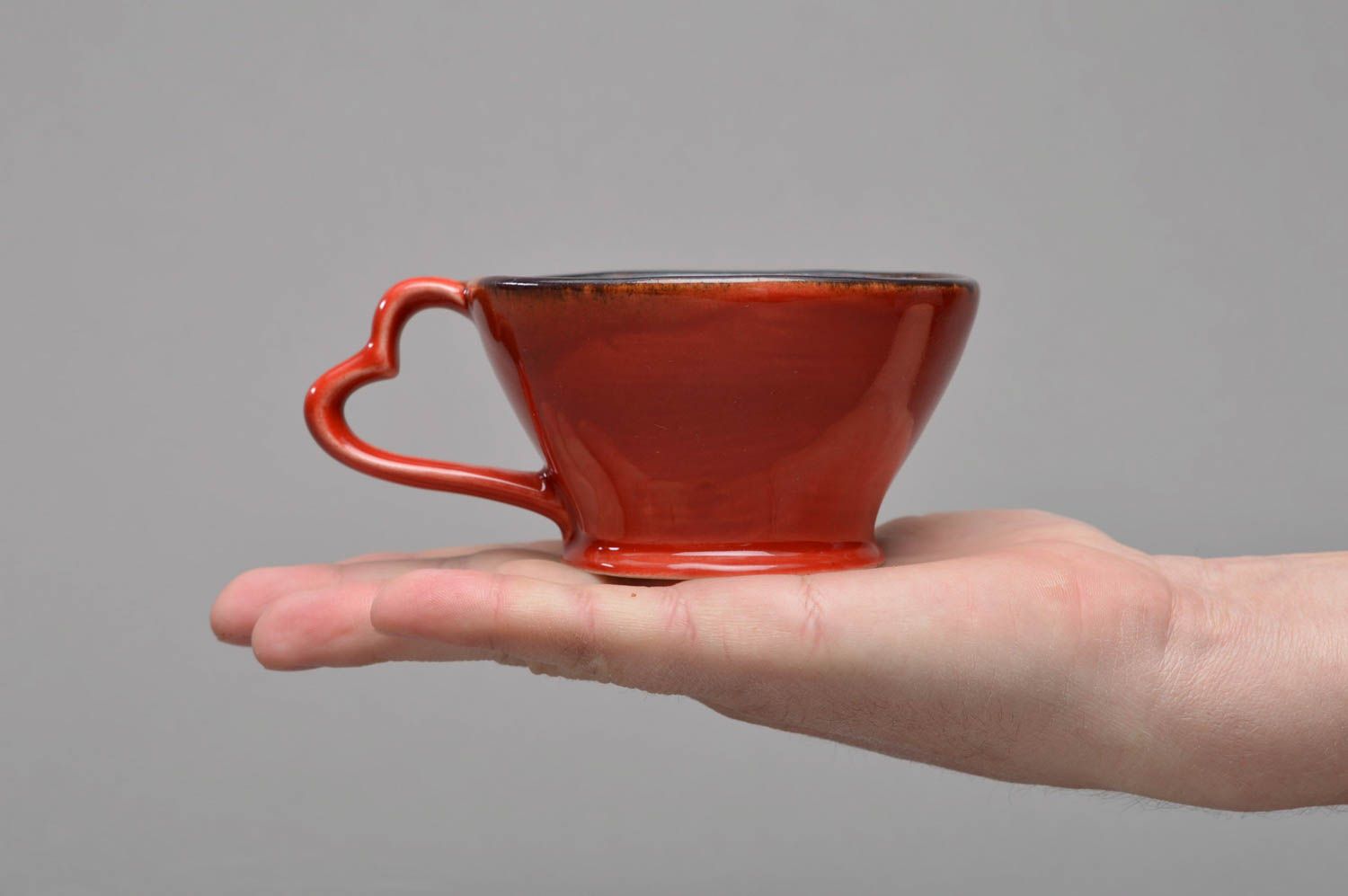 Porcelain hot red coffee cup with heart-shaped handle. Great gift for a woman.  photo 4