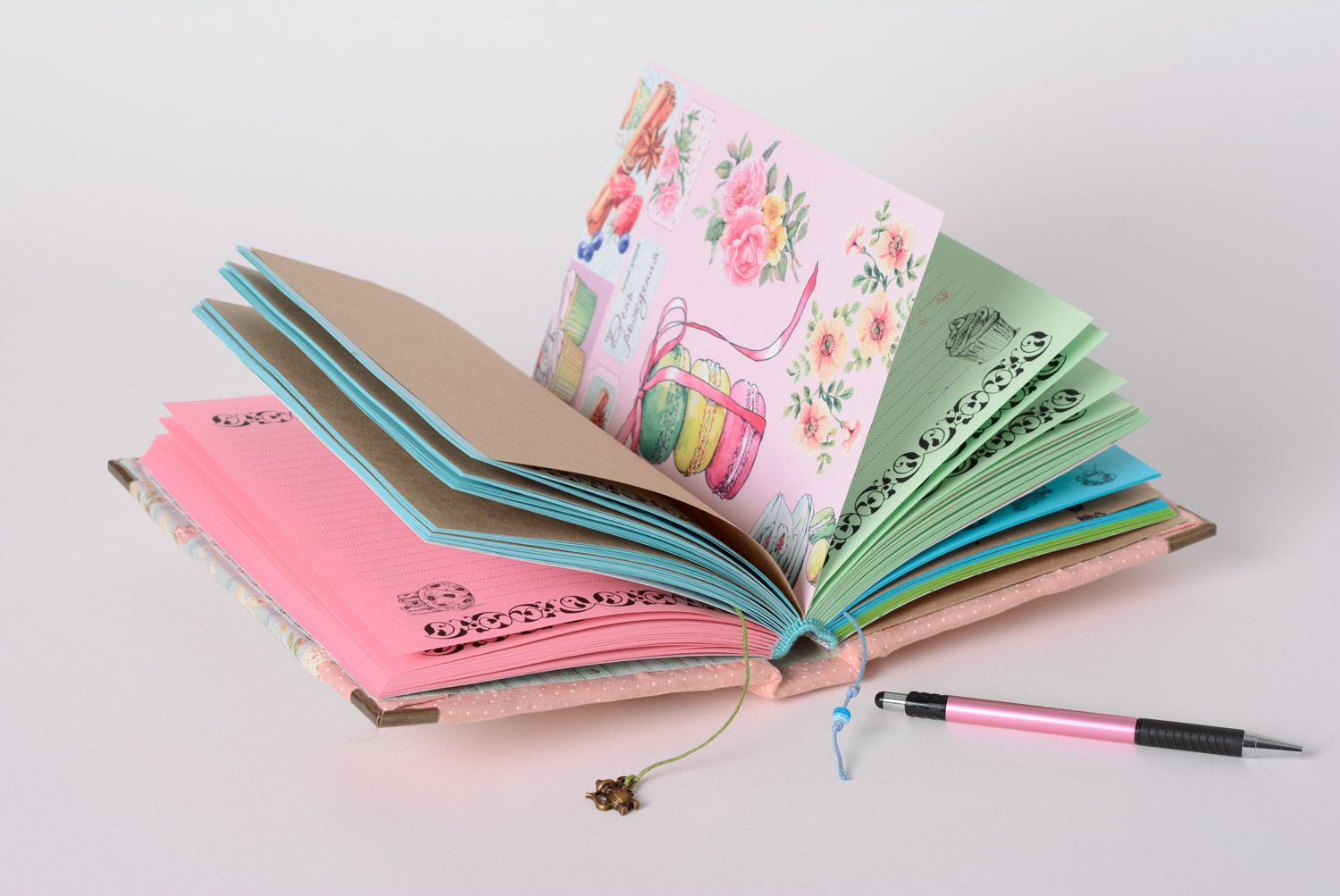 Beau carnet de notes fantaisie couverture en tissu pages multicolores fait main photo 2