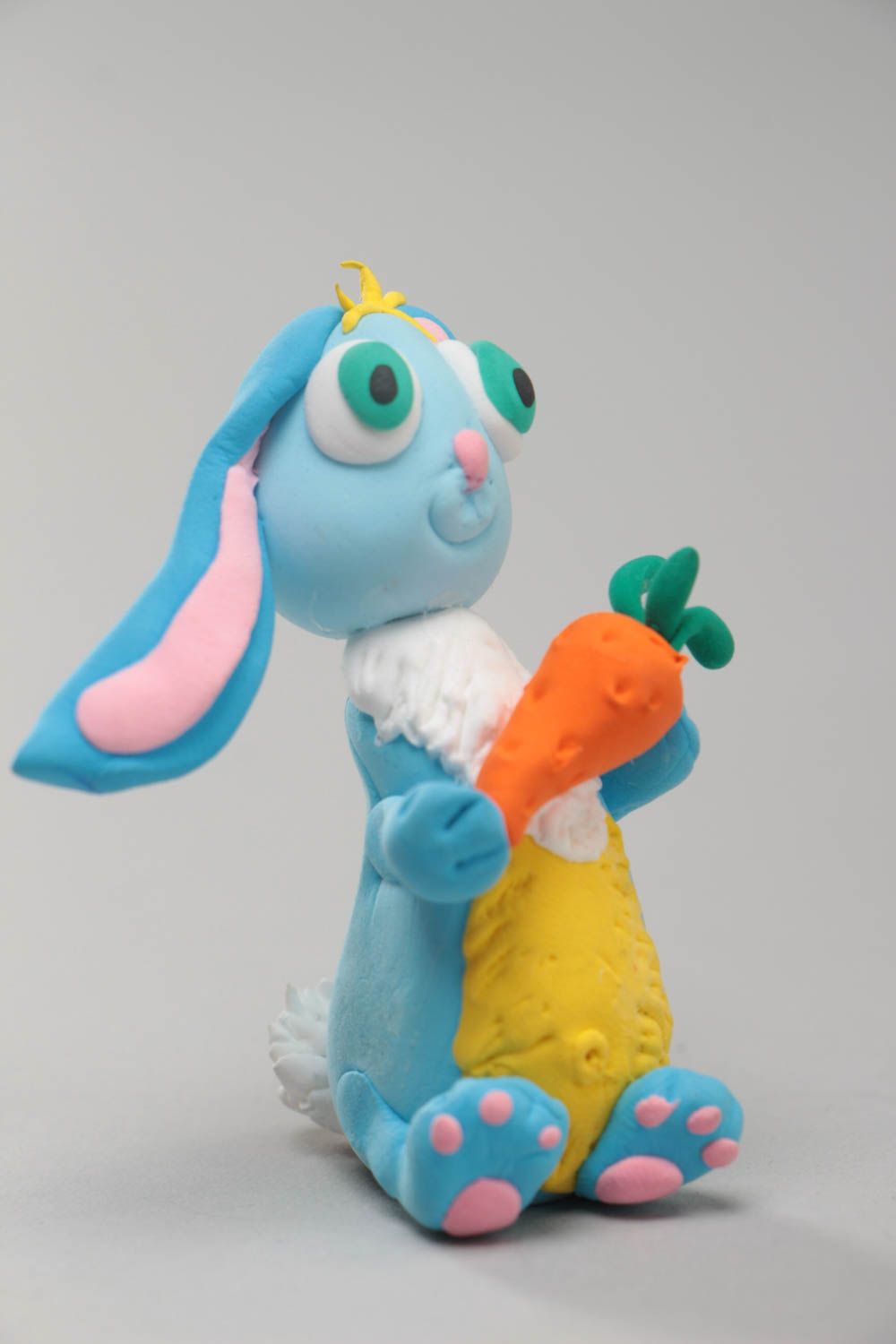 Funny handmade children's polymer clay statuette of blue hare photo 2