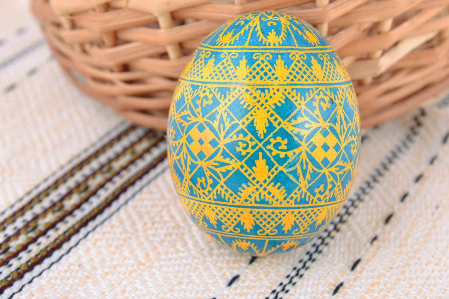 Bright painted handmade Easter egg with rich pattern of yellow and blue colors photo 1