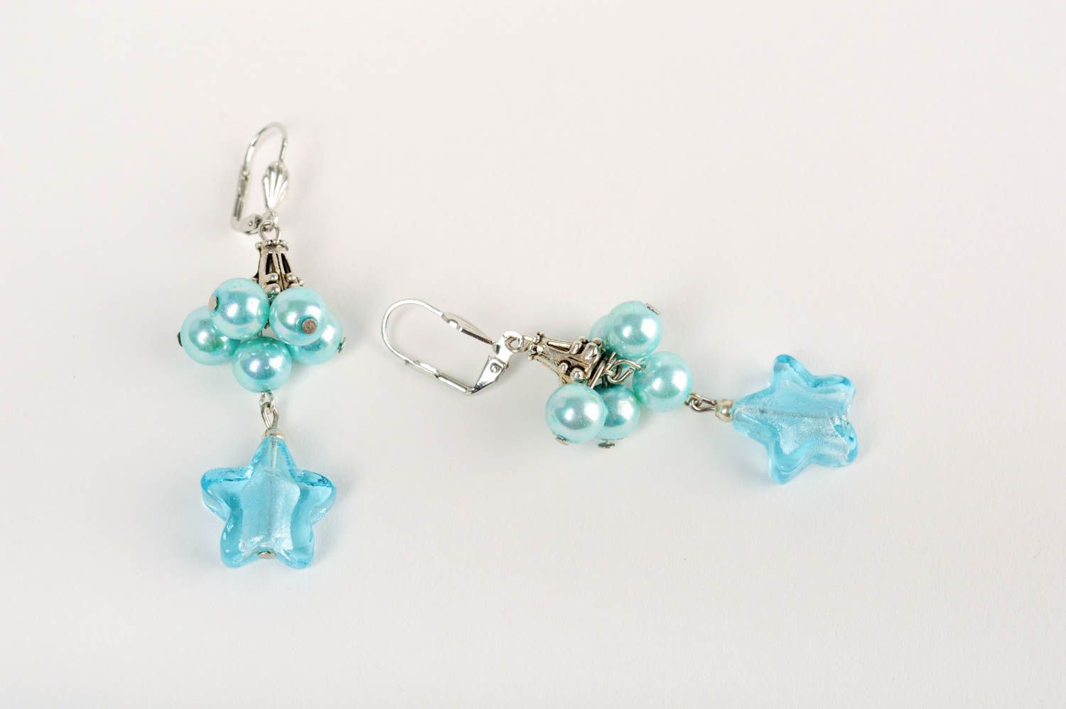 Handmade designer dangle earrings with blue Venetian glass and ceramic pearls photo 2
