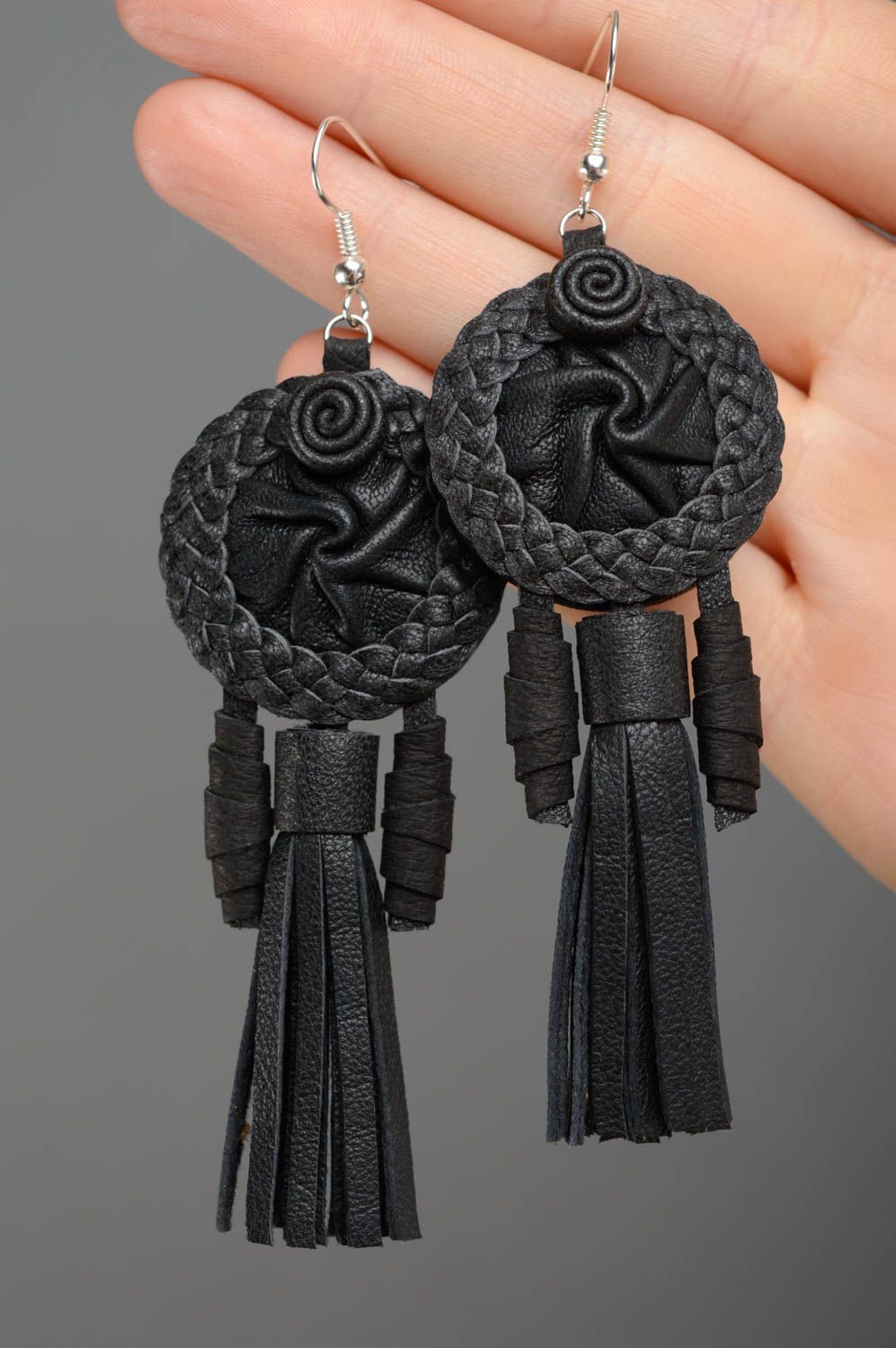 Leather earrings made using weaving and applique work techniques photo 3