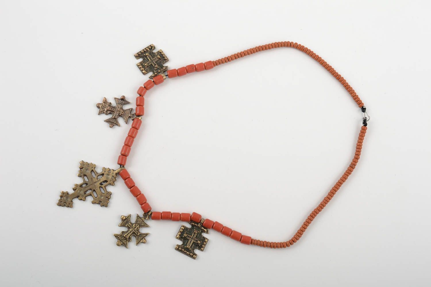 Handmade designer coral necklace with five bronze cross pendant charms for women photo 3